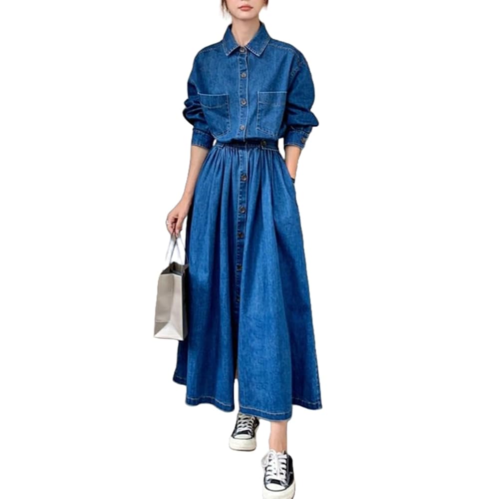 Anybird Denim Dress for Women Long Sleeve Button Down A-Line